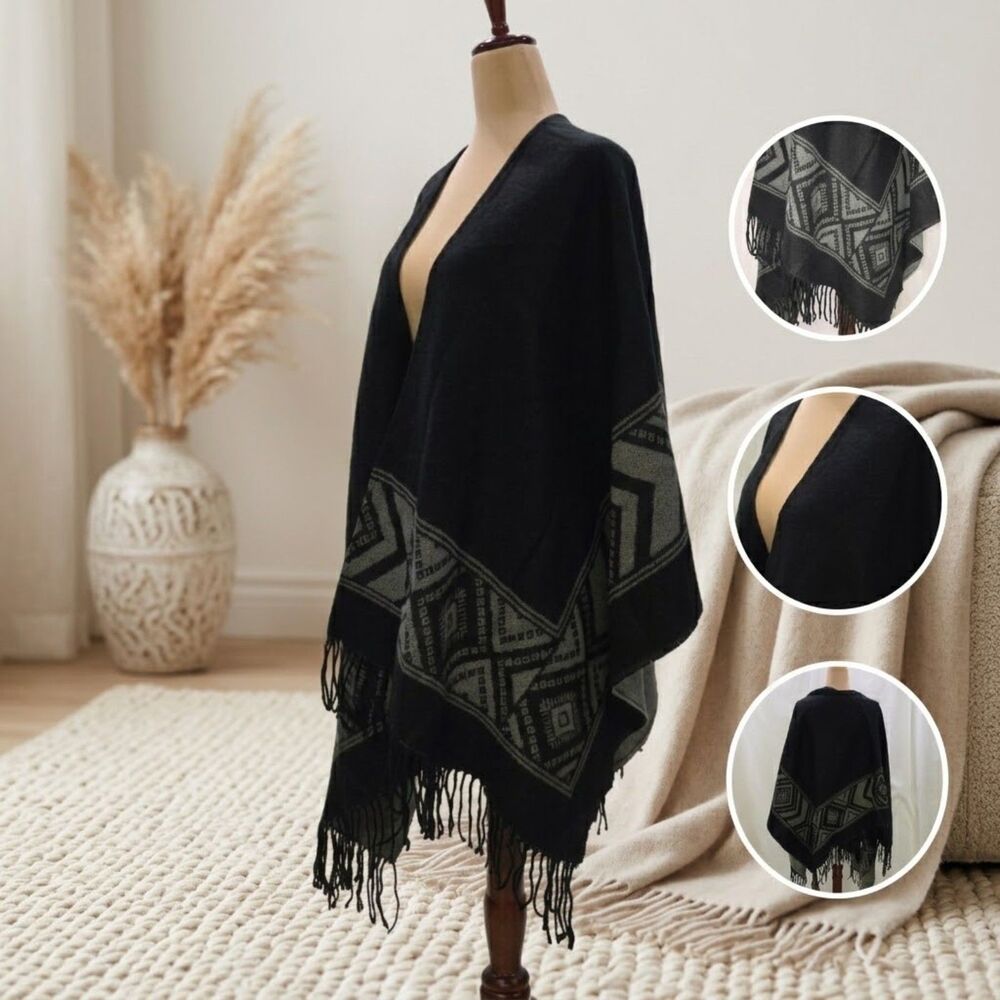 Black Geometric Boho Open Front Fringe Poncho Wrap Ruana OS